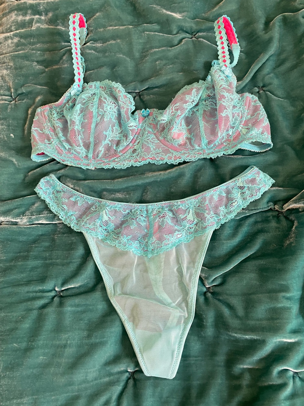 Victoria's Secret Mint Lace Balconette Bra and Thong with Pink Accents